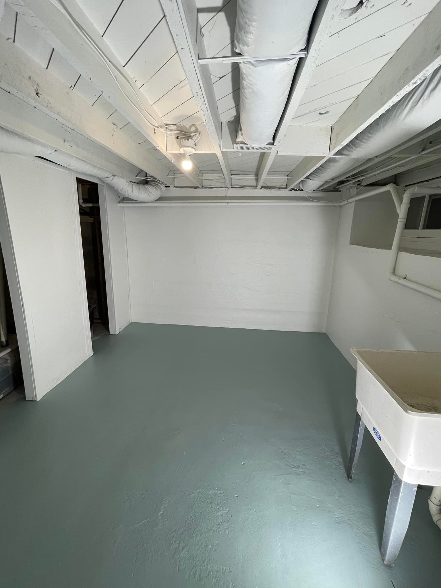 Empty basement with white walls and ceiling, green floor, utility sink, and a window.