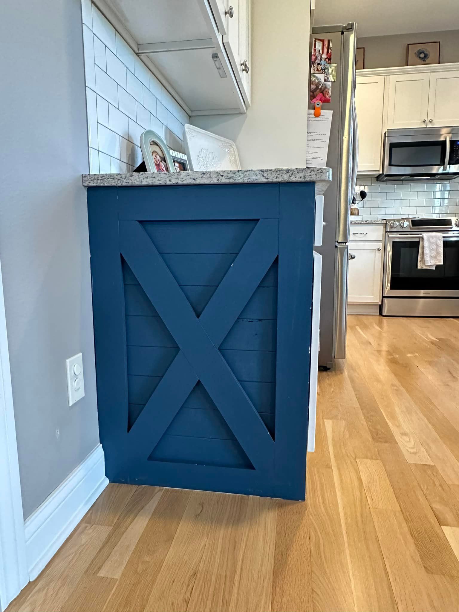 Blue cabinet with an X design, wooden floor, and a kitchen background.