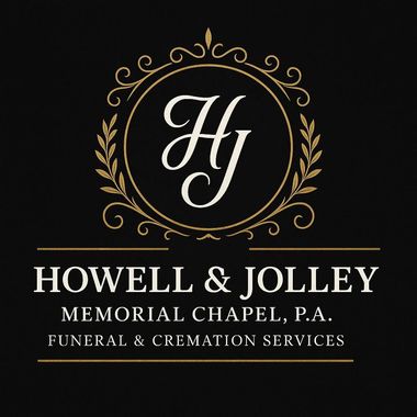 Logo for Howell & Jolley Memorial Chapel with intertwined "HJ" in a gold circle, gold laurel leaves and text: "Funeral & Cremation Services".
