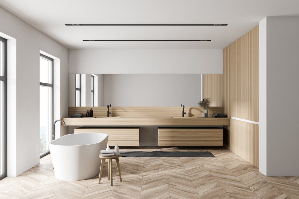 Modern Bathroom With Wooden Cabinetry — Kitchen Design Experts in Central Coast, NSW