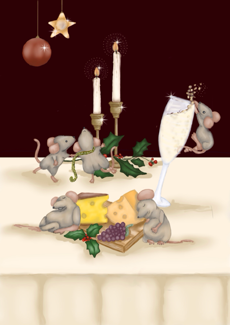 Muisjes rond een tafel met kaas, druiven, kaarsen en een glas champagne, feestelijke feestversiering.