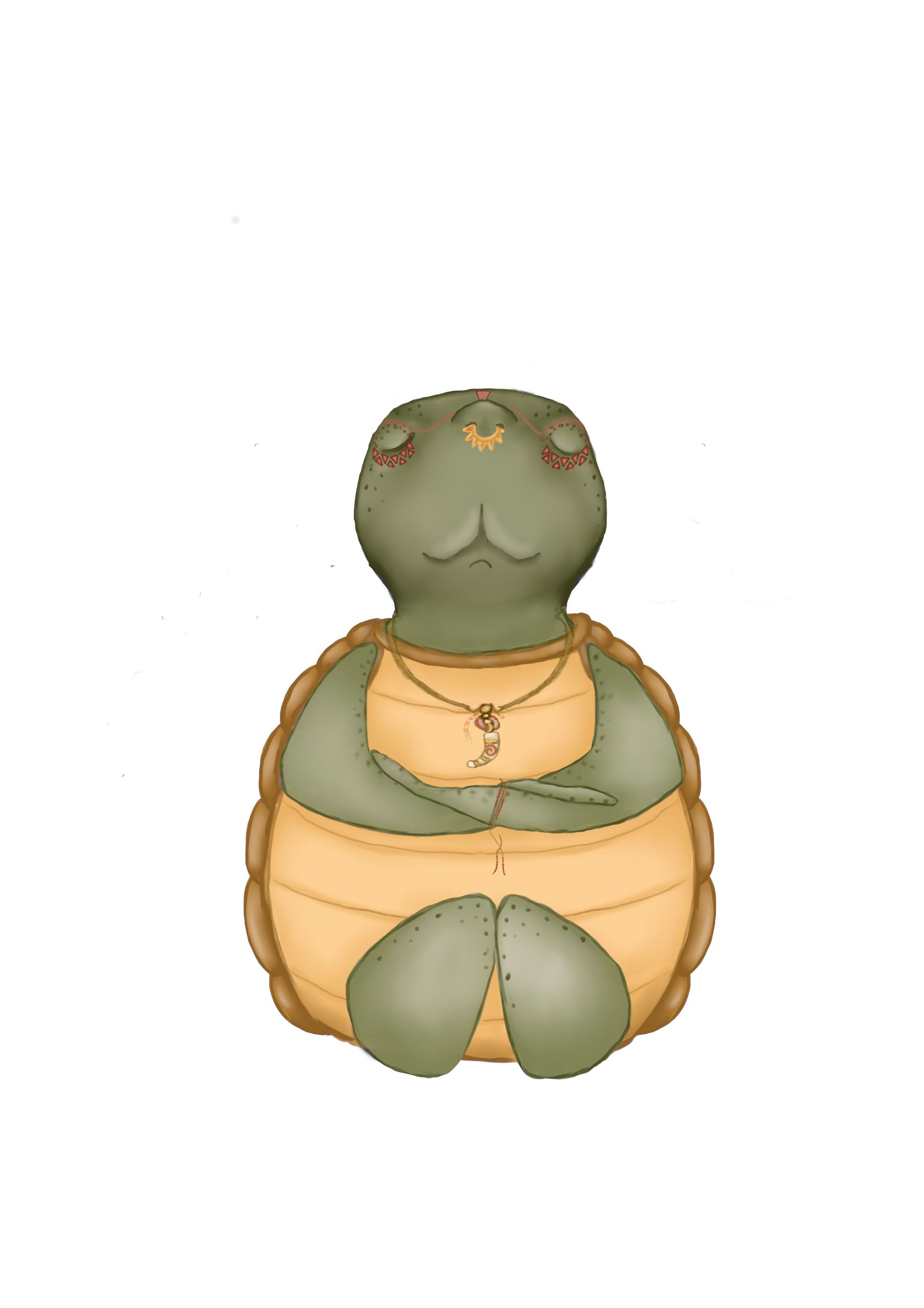 Mediterende schildpad, groene kop en ledematen, lichtbruin schild, ketting, ogen gesloten.