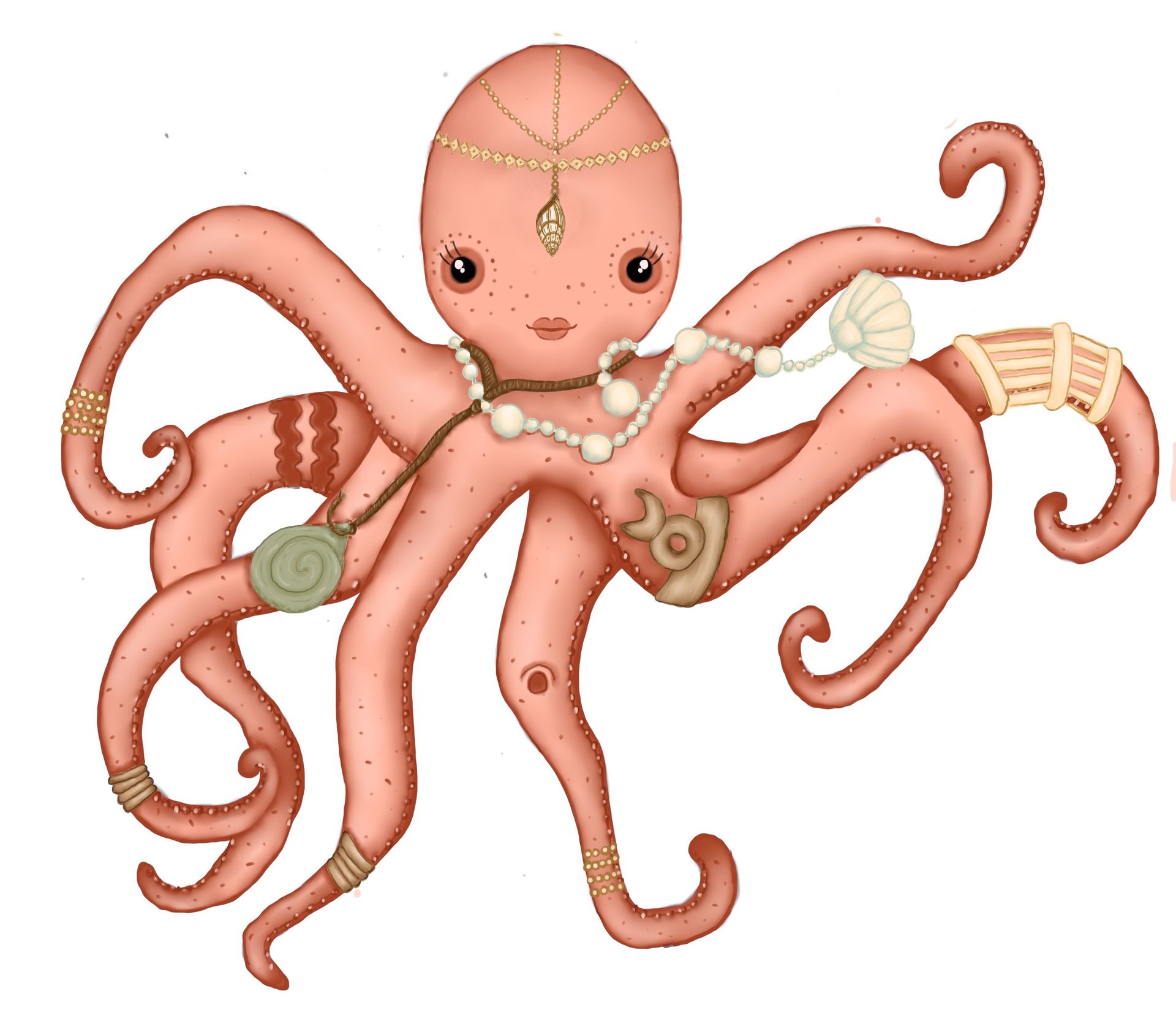 Roze octopus met sieraden, waaronder een ketting, armbanden en een hoofddeksel.