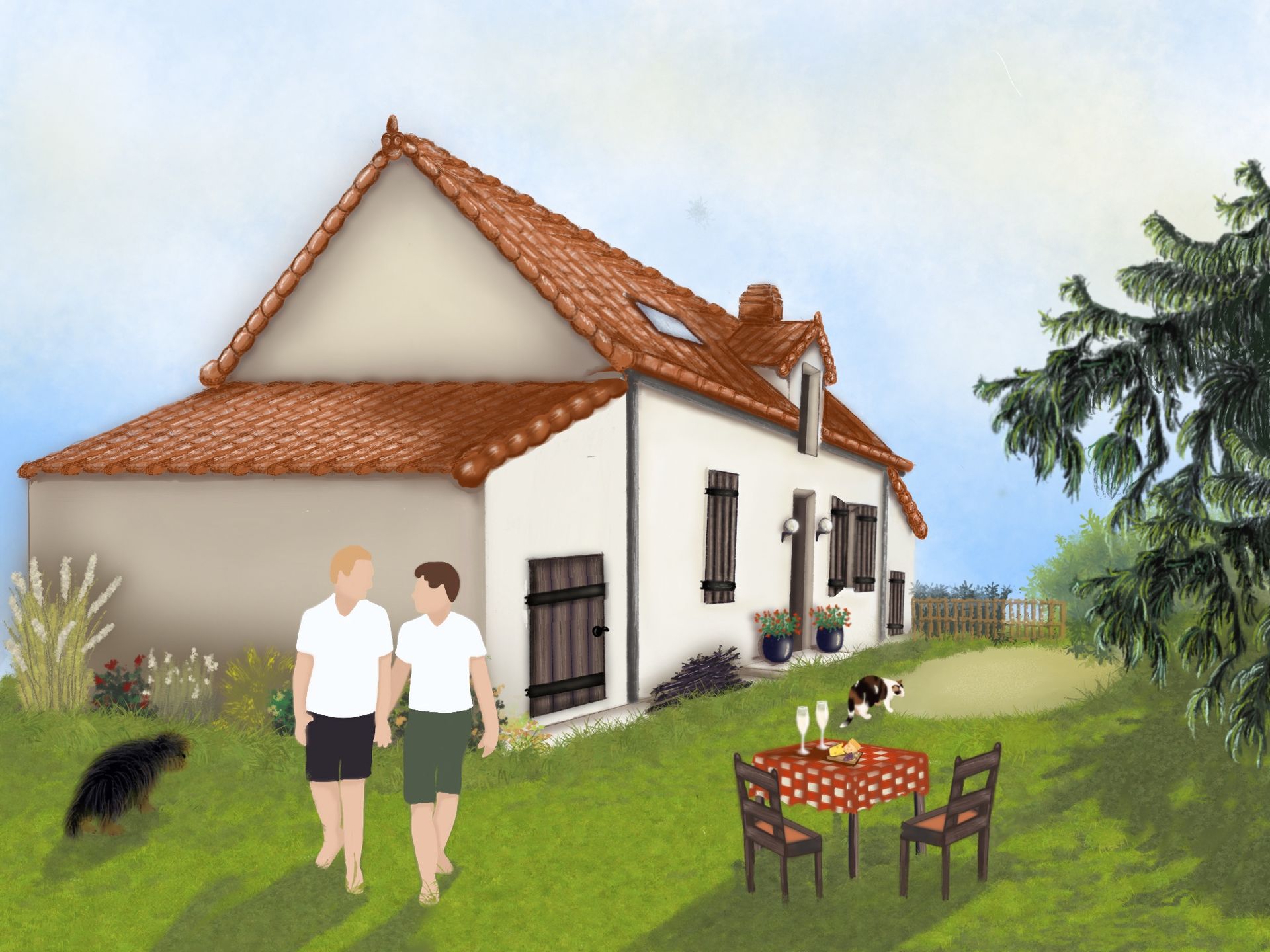 Twee mensen lopen hand in hand over een groen gazon richting een wit huis met een rood pannendak. Een gedekte tafel en een hond staan ​​ook in de tuin.