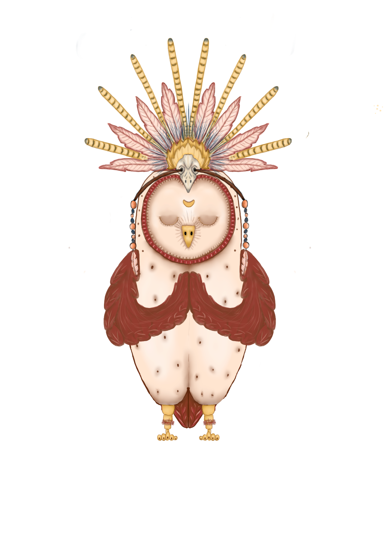 Een uil met gevouwen handen, een hoofdtooi met veren en sierlijke sieraden.
