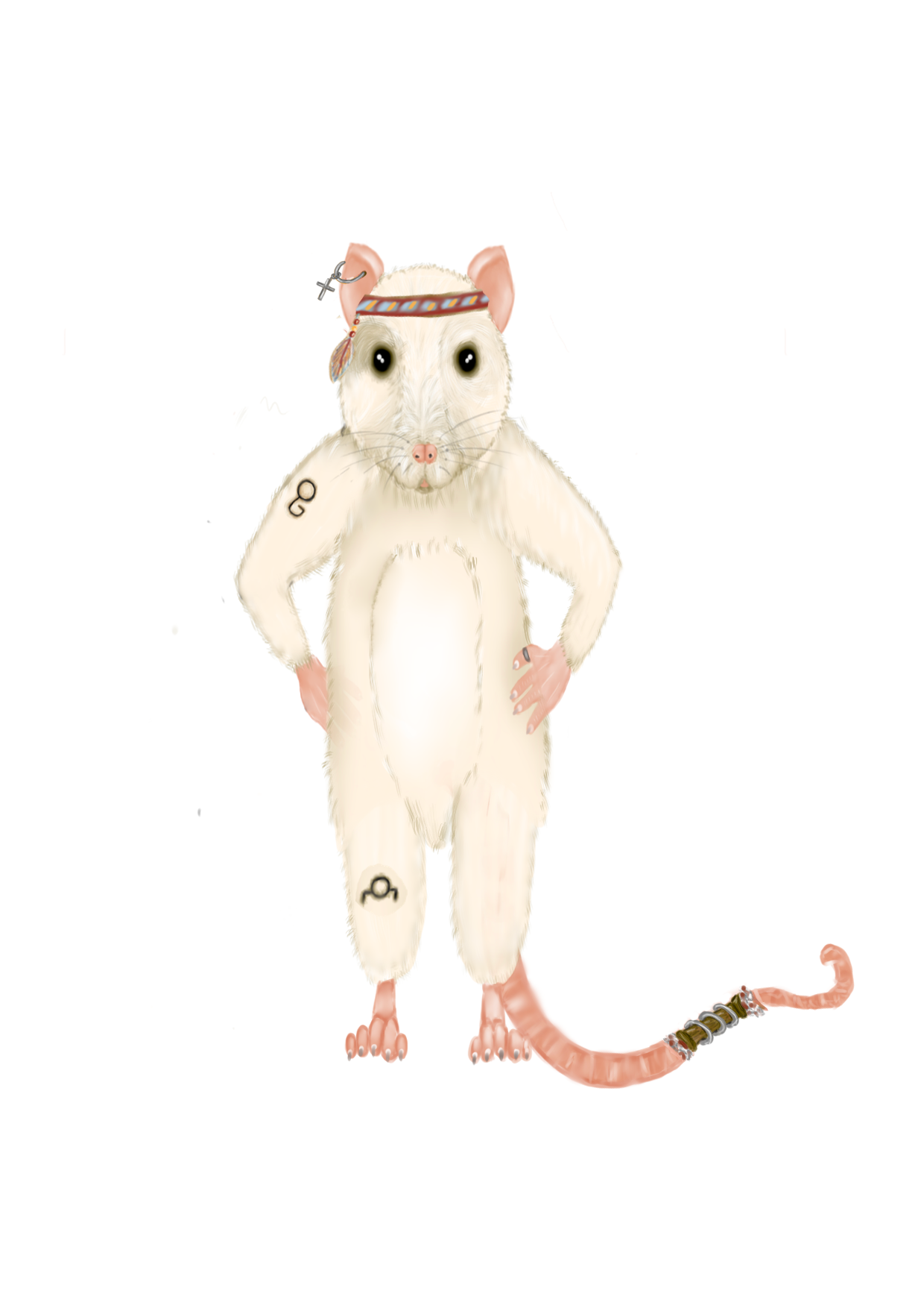 Witte rat met hoofdband, tatoeages en omwikkelde staart, poseert zelfverzekerd.