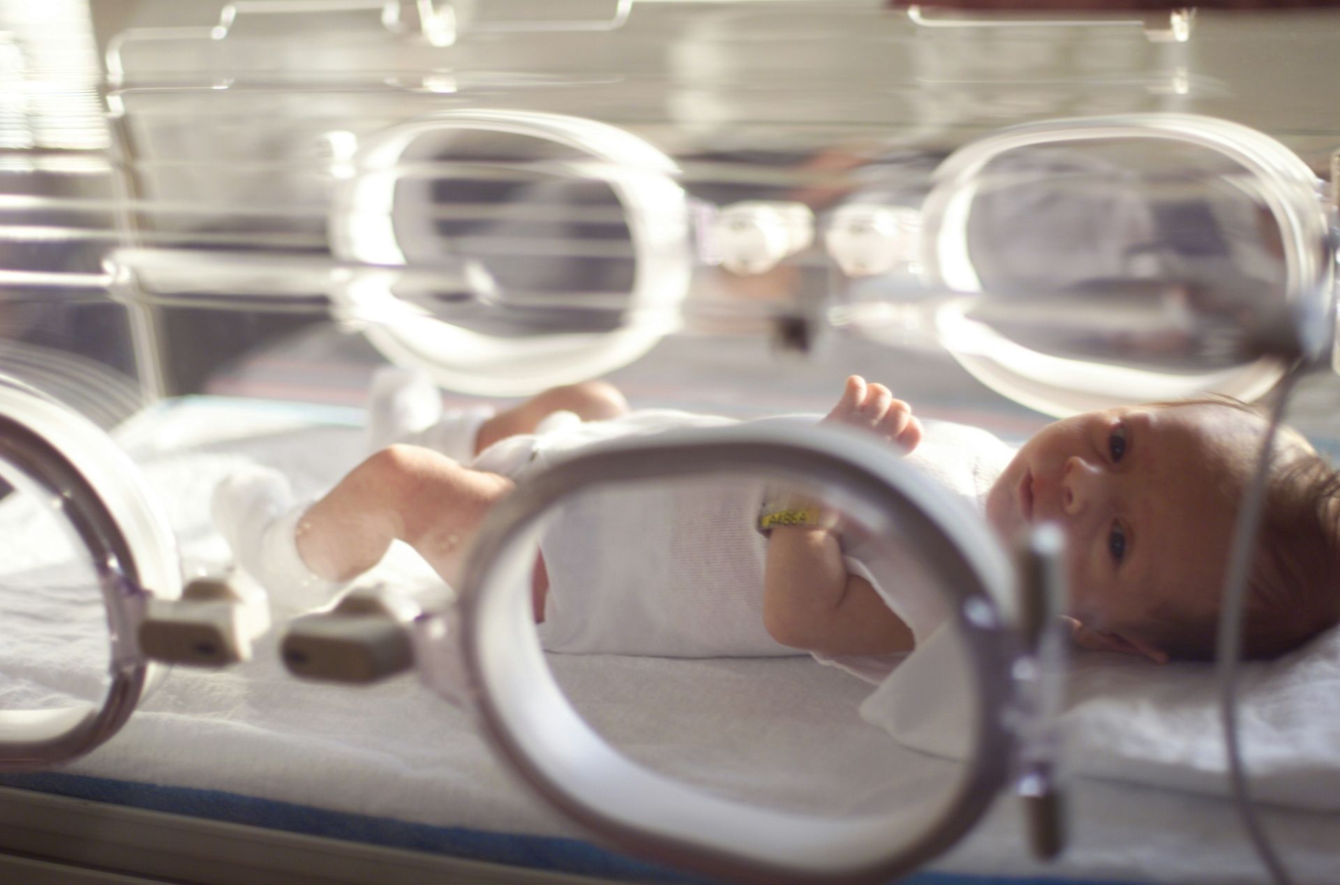 A baby is laying in an incubator in a hospital.