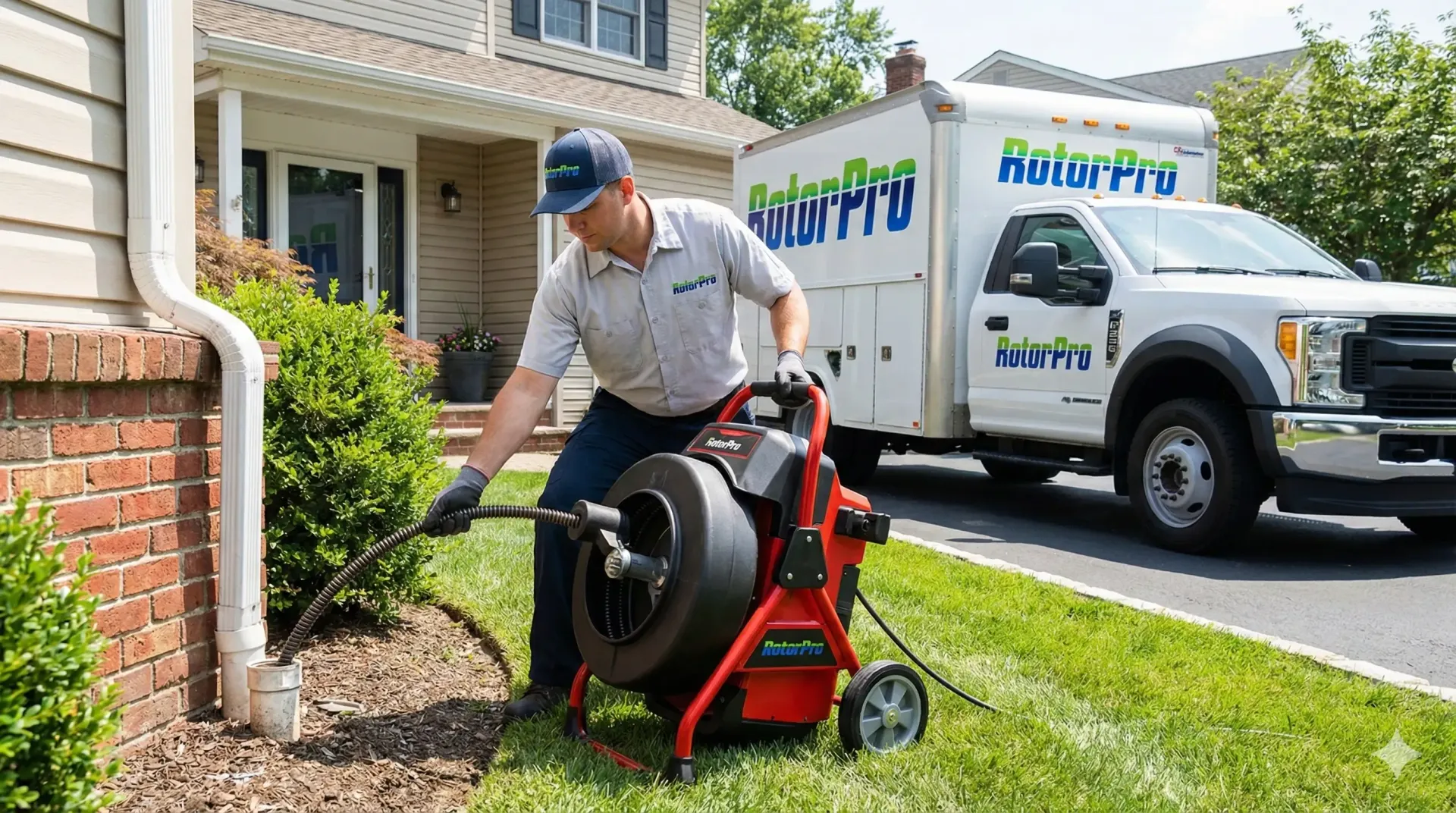 RotorPro technician performing drain cleaning with professional equipment at a home in Medford, NY.