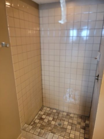 Tiled shower stall with beige walls and a small mosaic floor.