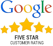 Google logo above five gold stars with