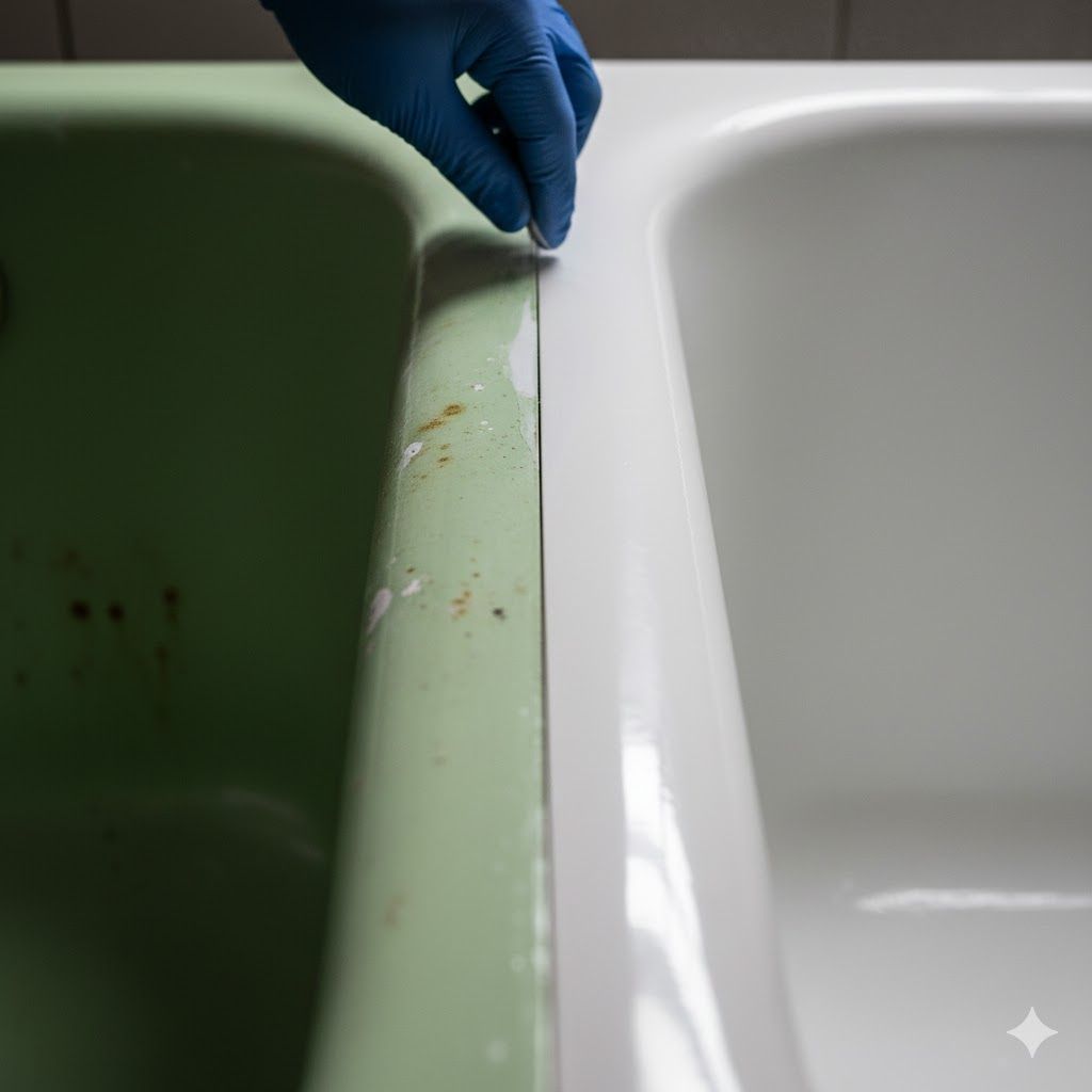 Hand in blue glove touching a white sink. Green sink next to it with grime.