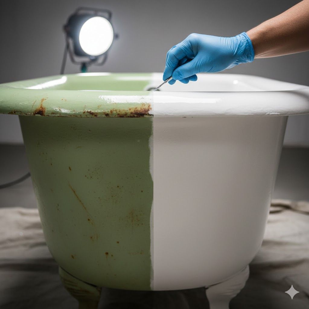 A clawfoot bathtub, half green and rusty, half pristine white, with a gloved hand working on the rim.