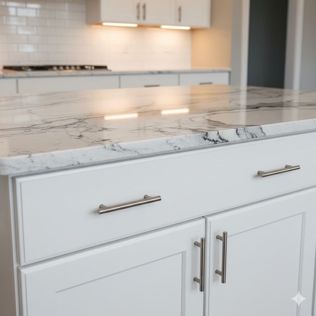 White kitchen cabinets with silver hardware and a marble countertop.