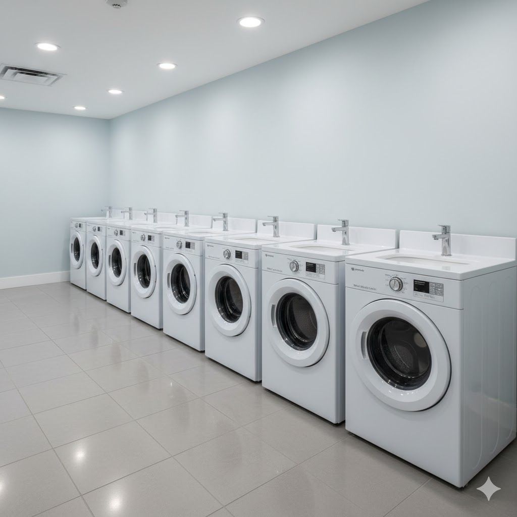 Row of white washing machines in a light blue room; clean laundry room.