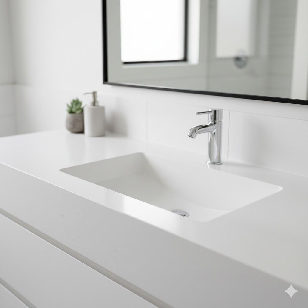 White bathroom vanity with rectangular sink, chrome faucet, and rectangular mirror.