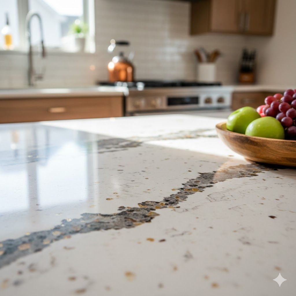Close-up of a white and gray countertop with a wooden bowl of fruit in a kitchen.