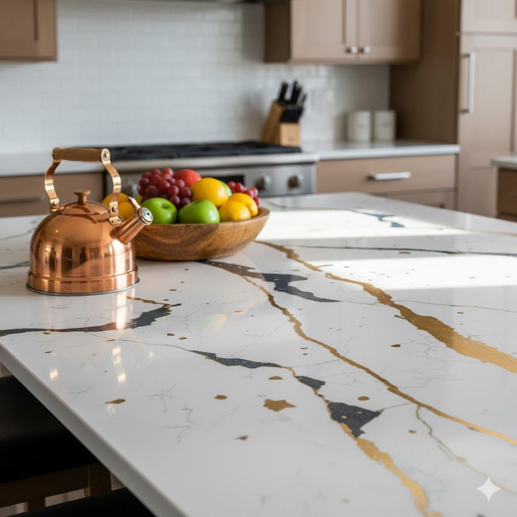 Kitchen island with white countertop featuring gold and gray veining, copper kettle, and fruit bowl.
