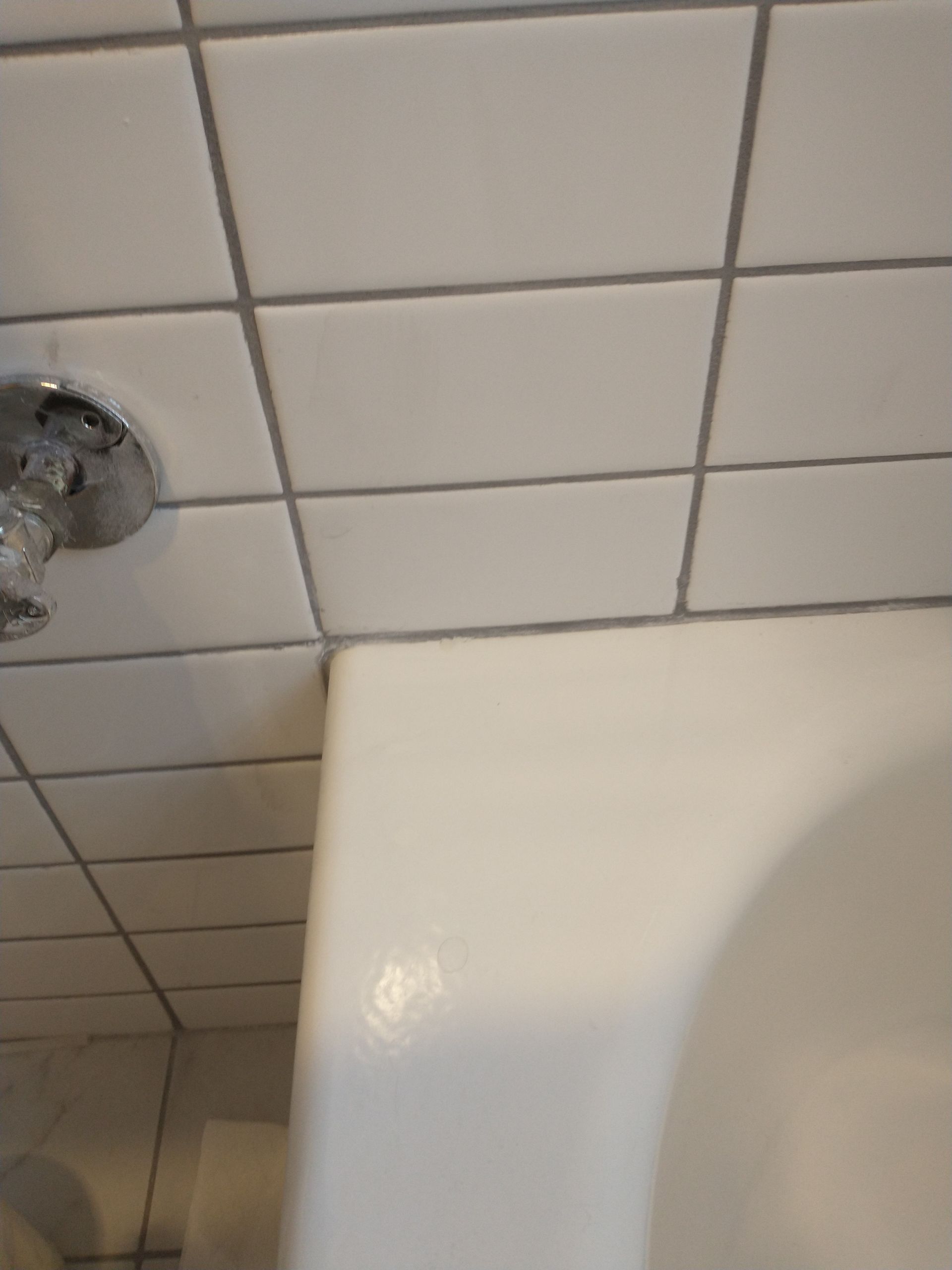 White tiled shower wall and edge of white bathtub. Gray grout lines. Chrome shower head.