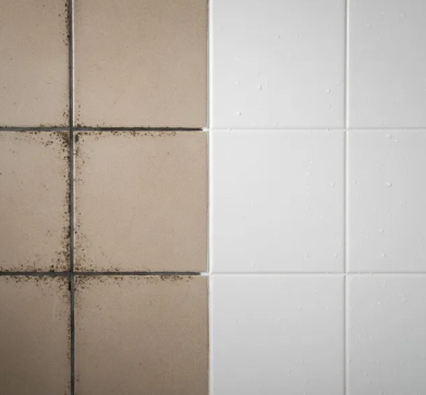 Tiles before and after cleaning: brown tiles with dark grout on left, white clean tiles on right.