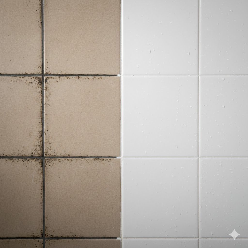 Before and after cleaning of bathroom tiles; moldy tiles on the left, clean white tiles on the right.