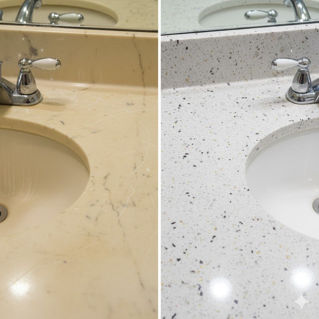 Before and after of a bathroom vanity. The first shows yellowed, worn marble; the second shows a clean, white speckled countertop.