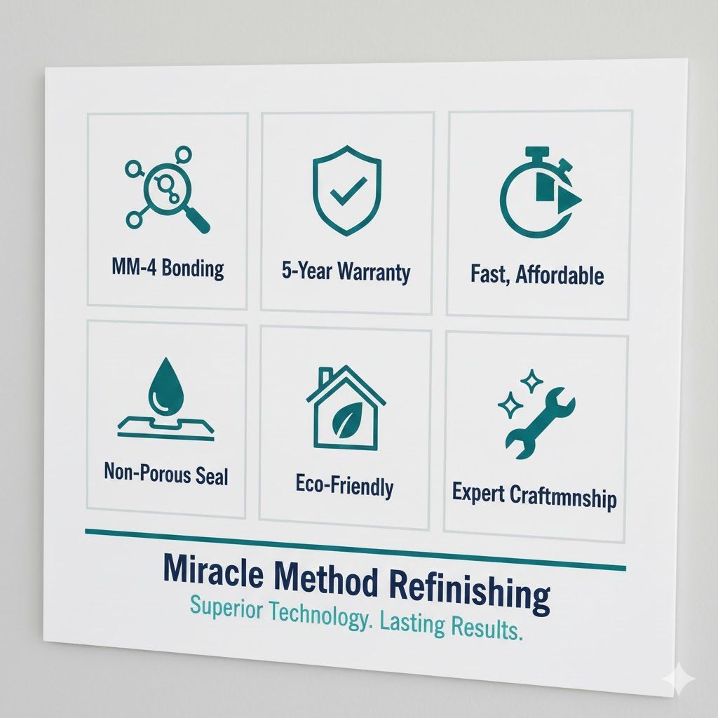 Square graphic: icons representing bonding, warranty, speed, sealing, eco-friendliness, and craftsmanship;