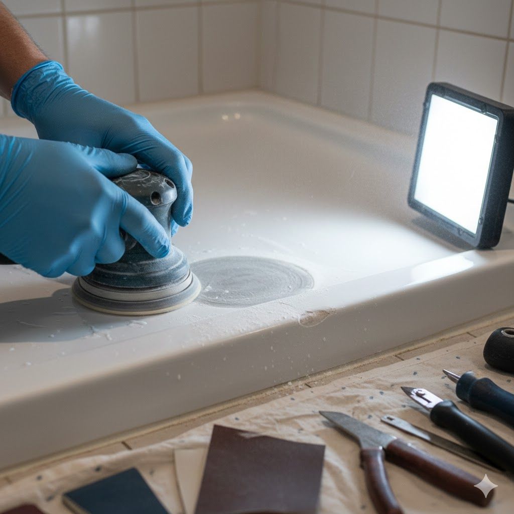 Person sanding a white shower base with a power sander, lit by a work light.