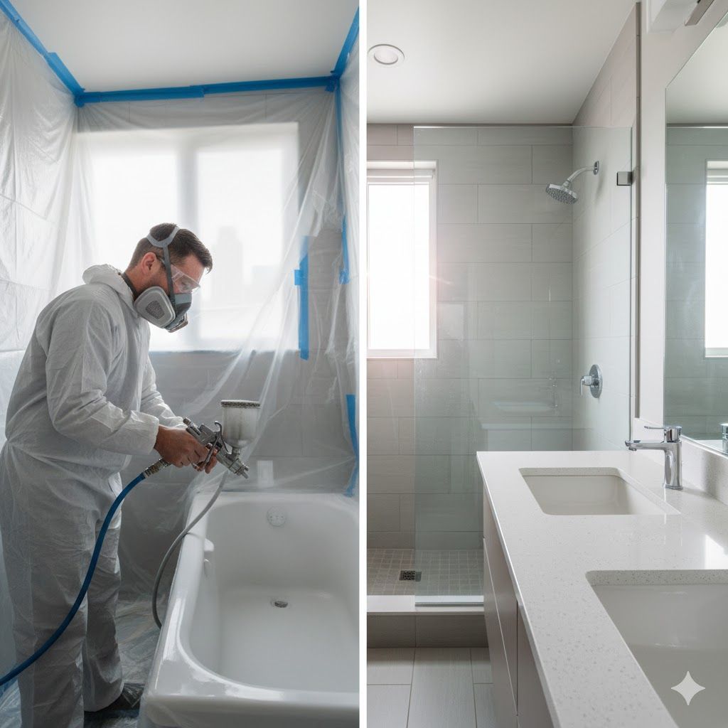 Man in protective suit painting a bathtub in a plastic-covered bathroom; the finished, modern bathroom.