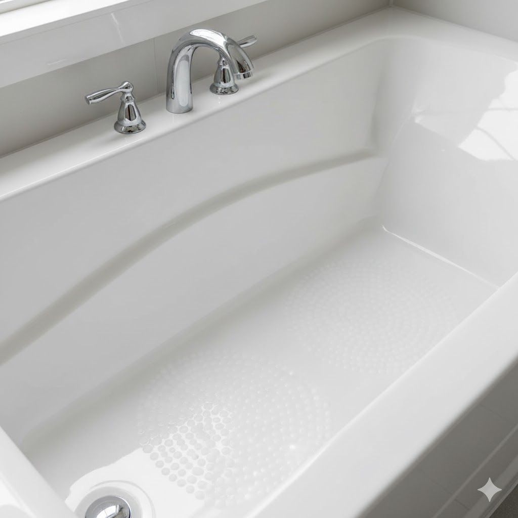 White bathtub with chrome fixtures, built into a white tiled wall.