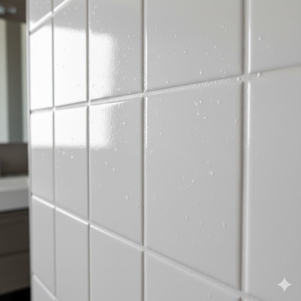 White square tiles in a bathroom, close-up with water droplets on the surface.