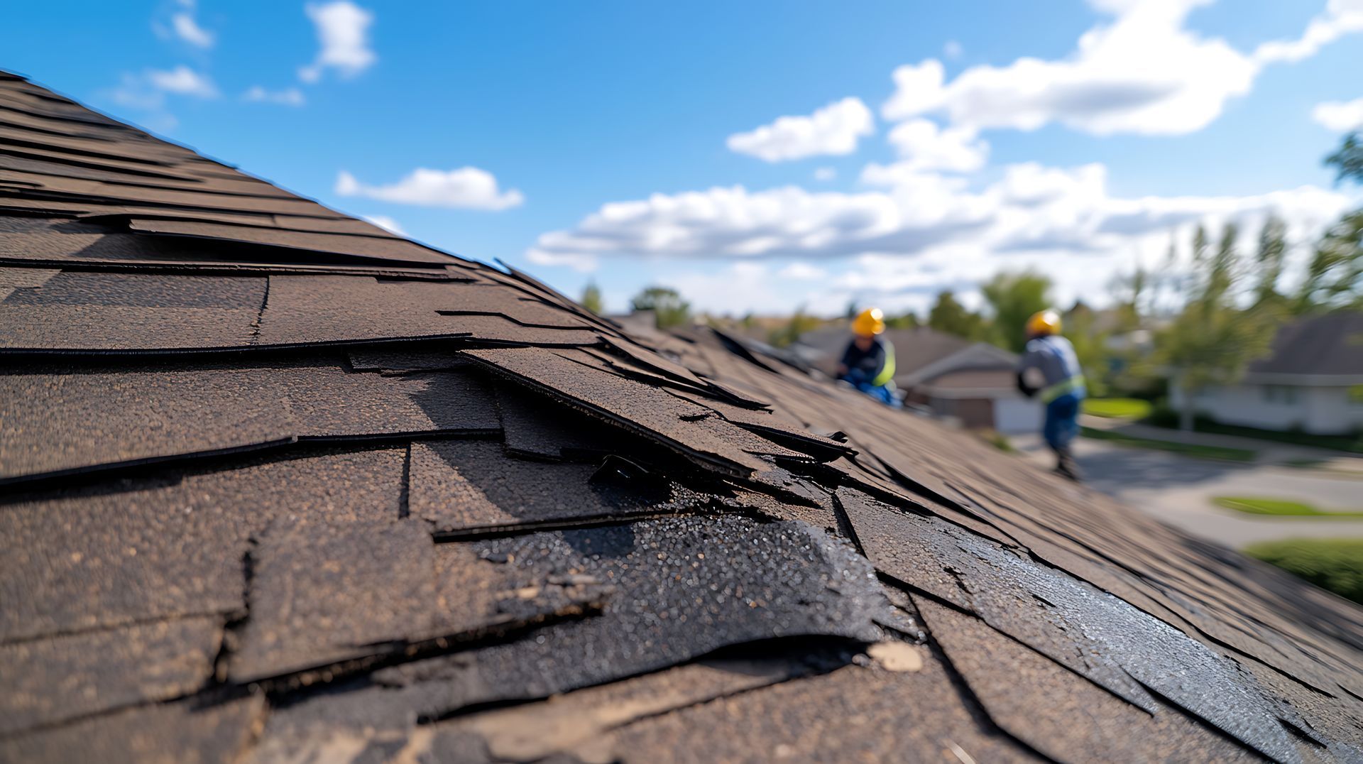 Damaged roof shingles with workers in the background preparing for roof repairs.