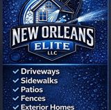 New Orleans Elite LLC logo with home icon and list of services: driveways, sidewalks, patios, fences, exterior homes
