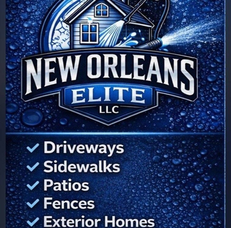 New Orleans Elite LLC logo with home icon and list of services: driveways, sidewalks, patios, fences, exterior homes