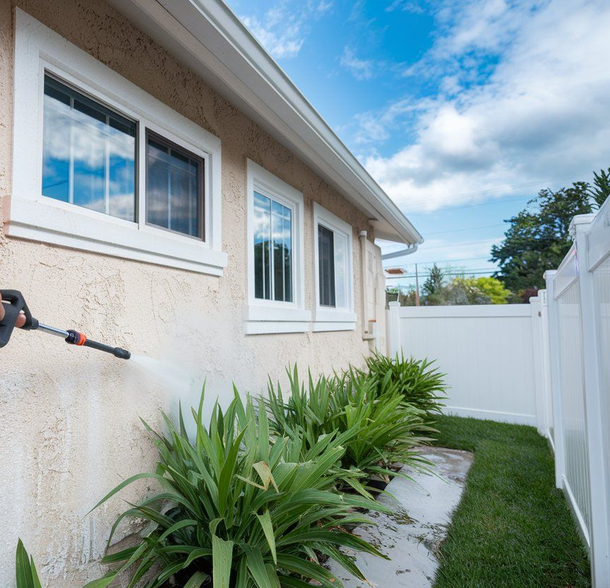 A man is spraying a house with a hose.