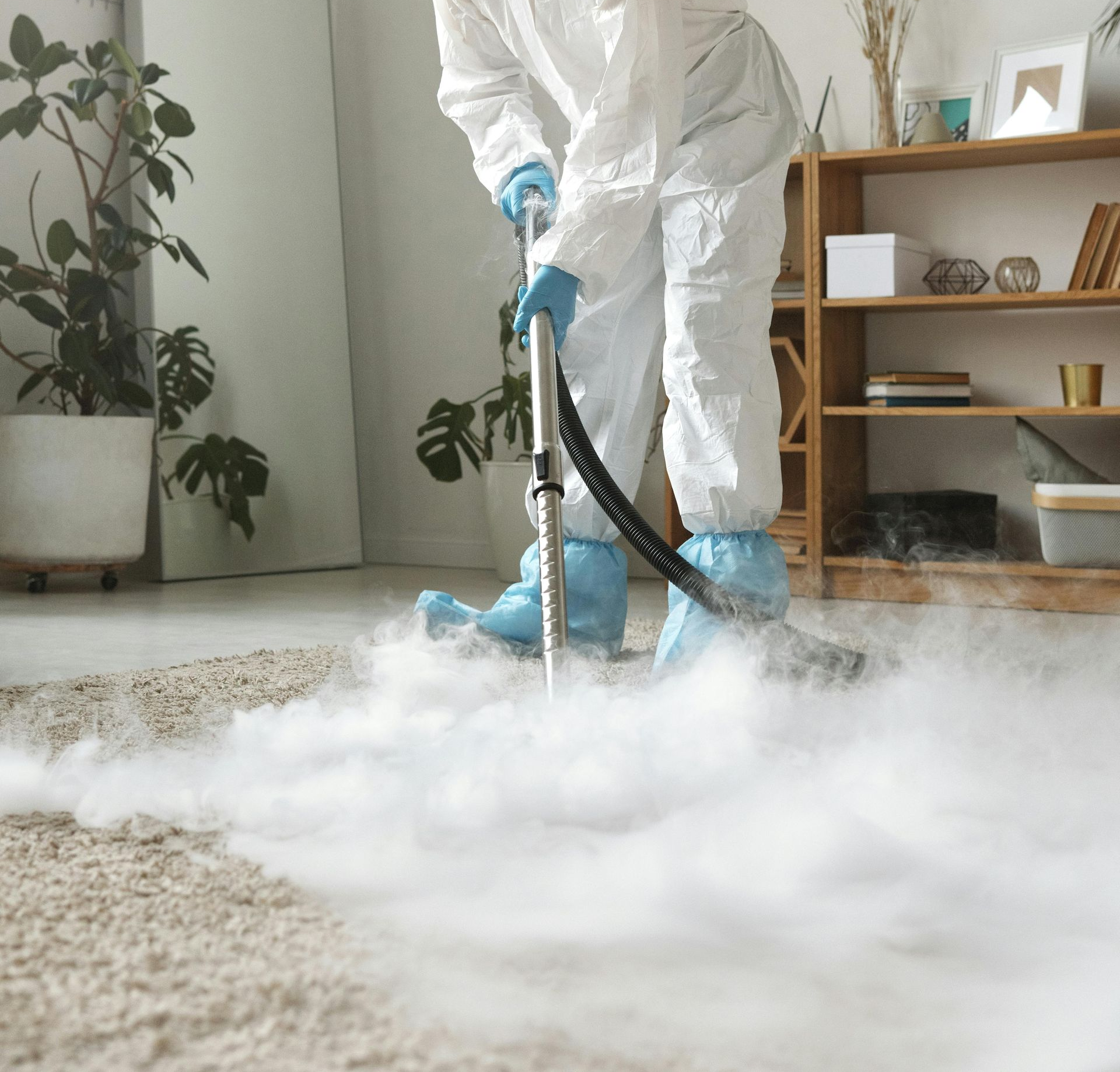 A man is spraying a house with a hose.