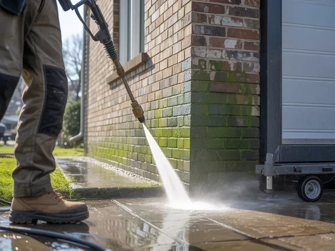 Person pressure-washing a brick wall and sidewalk beside a building, with water spraying onto wet pavement
