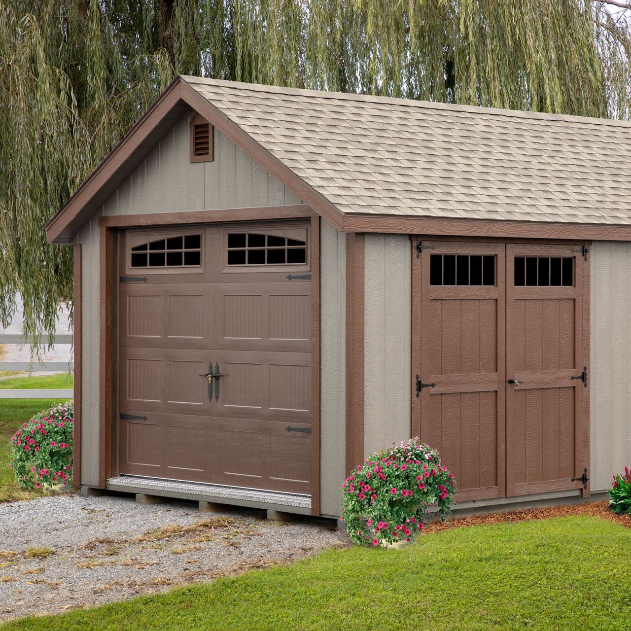 A shed with a large brown garage door