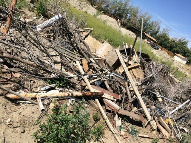 Pile of wood debris and branches on a hillside with sparse vegetation.
