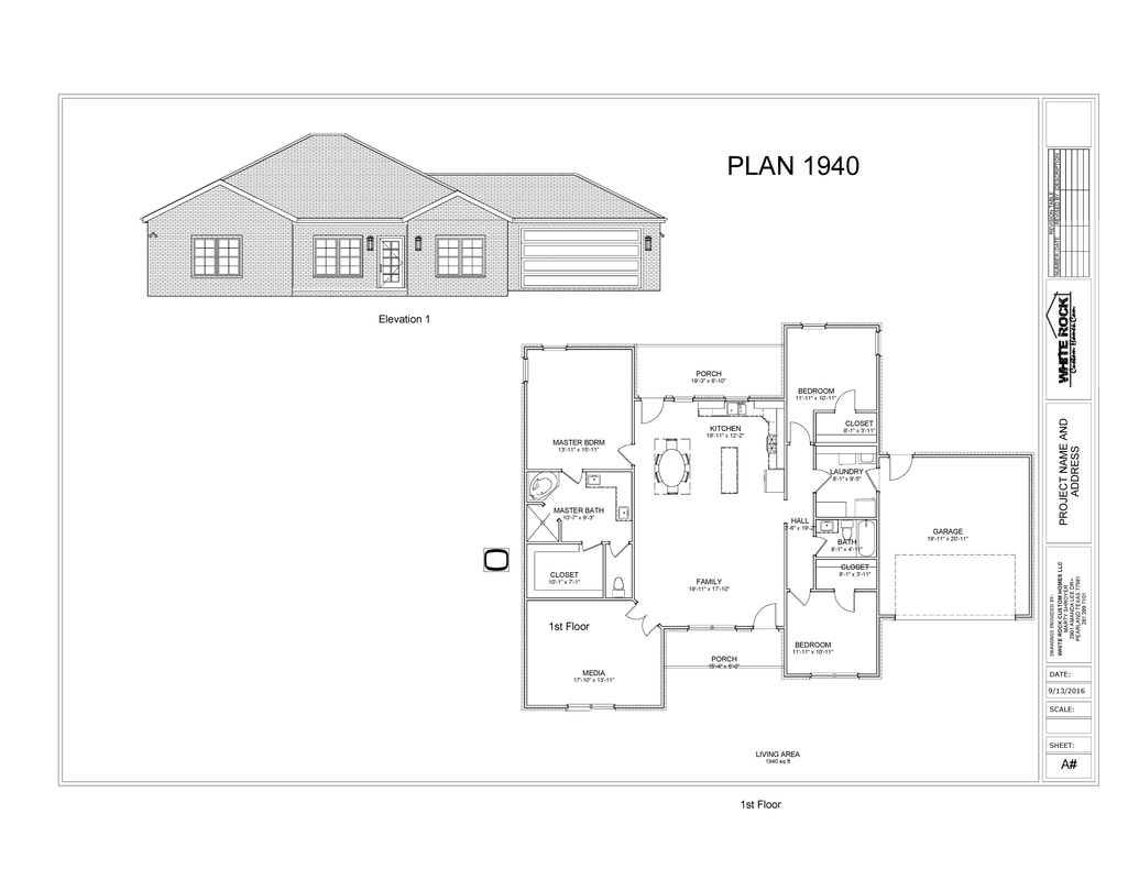 Architectural drawing: House front elevation and floor plan layout, with roof, garage, and rooms.