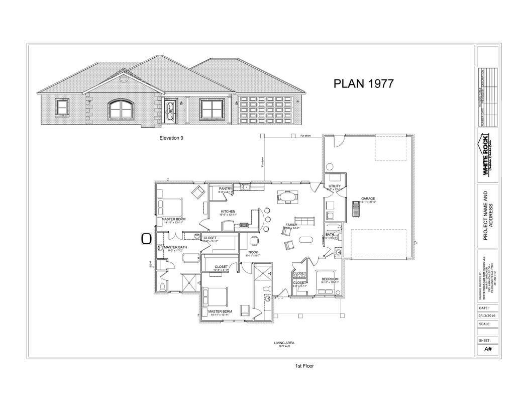 Architectural plan with house exterior and floor plan labeled 