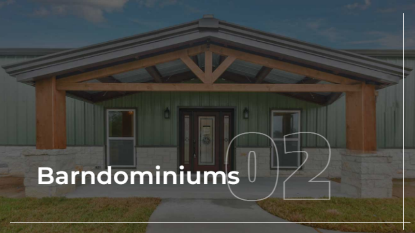 A green barndominium with a brown wooden entryway and the number 