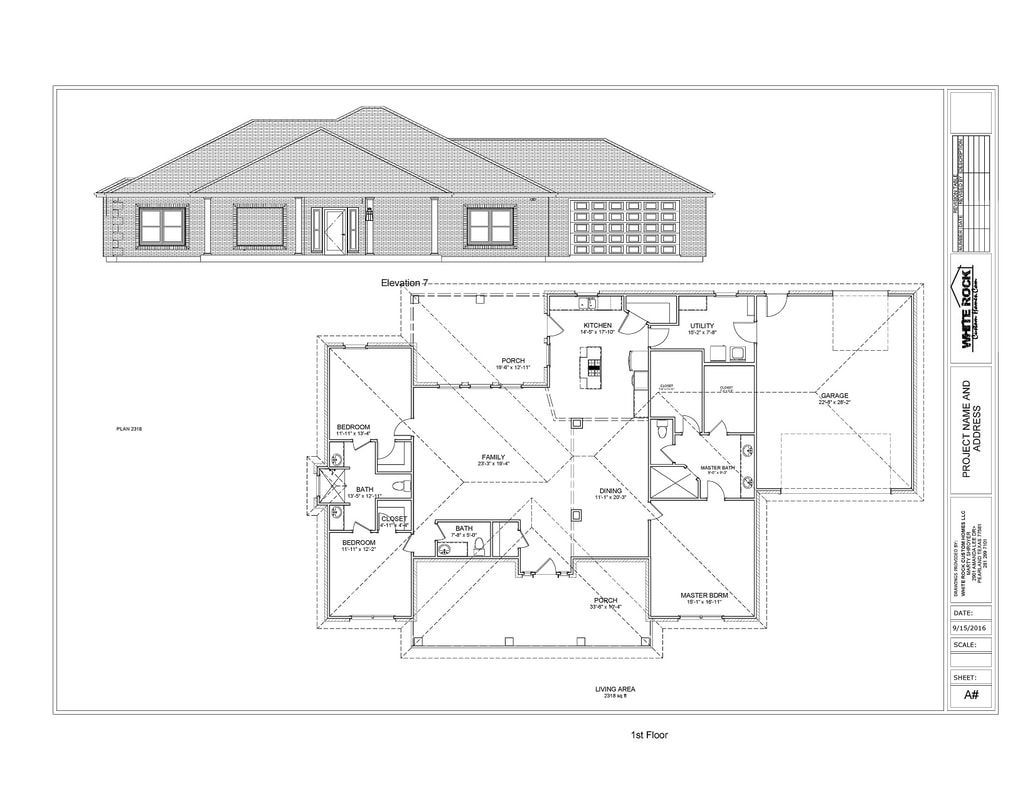 Architectural blueprint of a house, including a front elevation view and a floor plan.