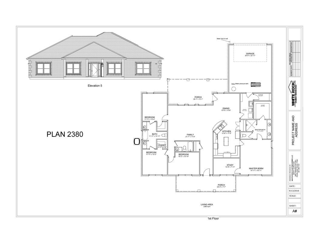 Architectural plan with elevation view of a house and its floor plan layout.