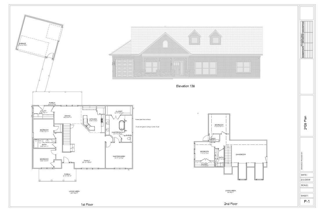 Architectural plans for a house, including elevation, floor plans, and a roof diagram.