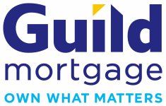 Guild Mortgage logo with blue text, gold accent, and slogan 