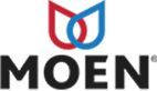 Moen logo: Red and blue interlocking waterdrop shape above the brand name in bold black text.