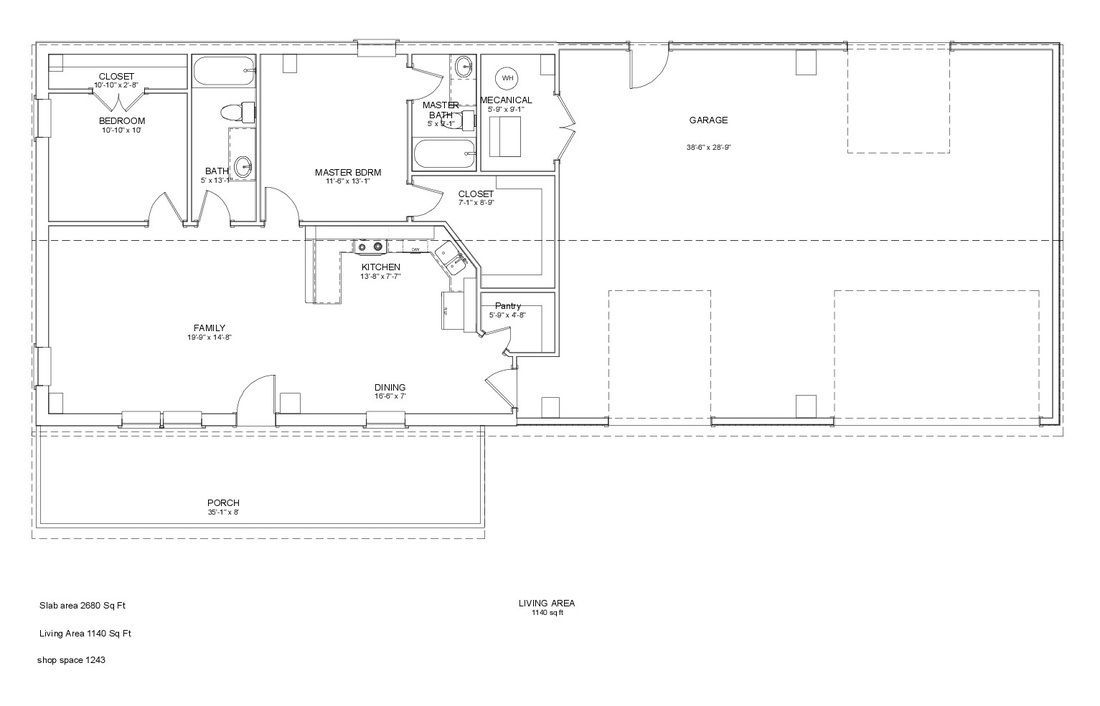 Floor plan of a house with rooms labeled, including a kitchen, living area, bedrooms, and a garage.