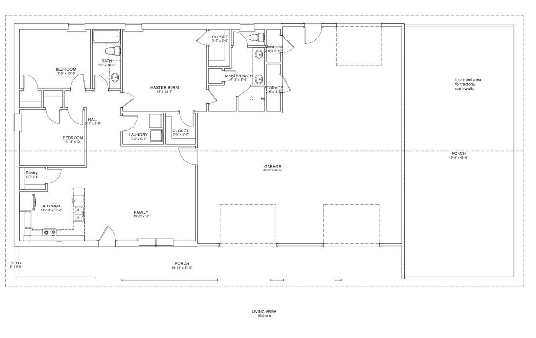 Architectural floor plan of a building with rooms labeled and dimensions indicated.