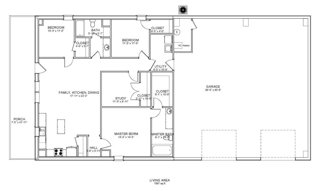 Floor plan of a building with a garage, kitchen, bedrooms, and bathrooms.