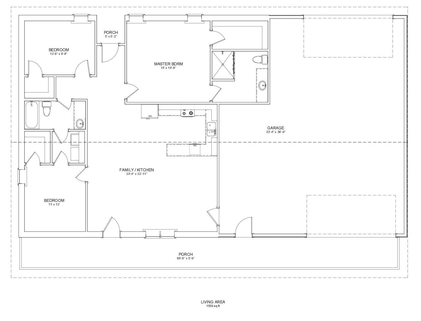Architectural floor plan of a house with labeled rooms: storage, living, kitchen, bedrooms, and porch.